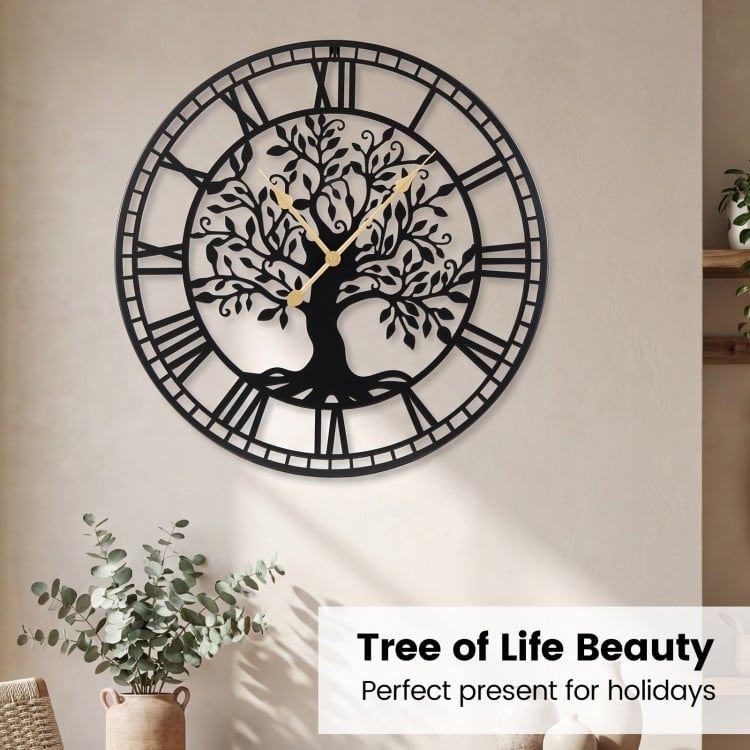 Large Wall Clock 27 Inch Tree of Life Big Metal Wall Clock-Black