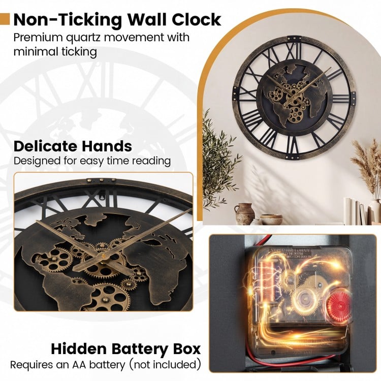 Large Wall Clock 27" Gear Clock with World Map-Brown