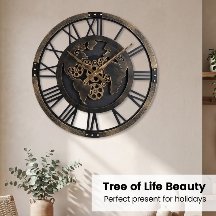 Large Wall Clock 27" Gear Clock with World Map-Brown