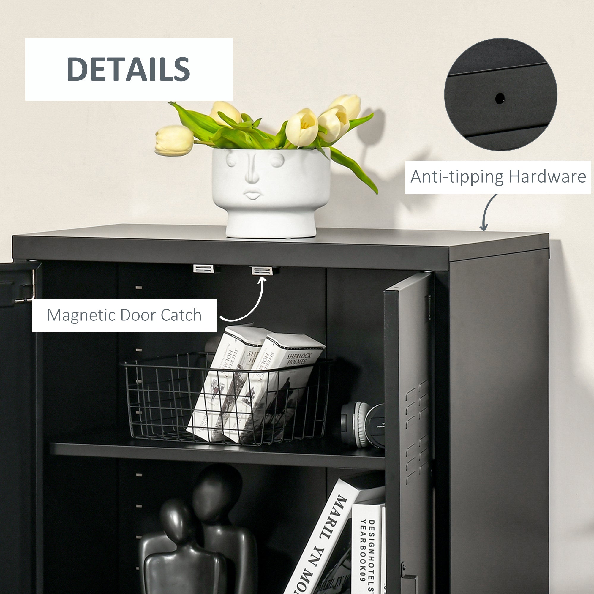 HOMCOM Storage Solution: 3-Tier Steel Storage Cabinet with 2 Louvered Doors, Black Finish for Office Garage Warehouse 