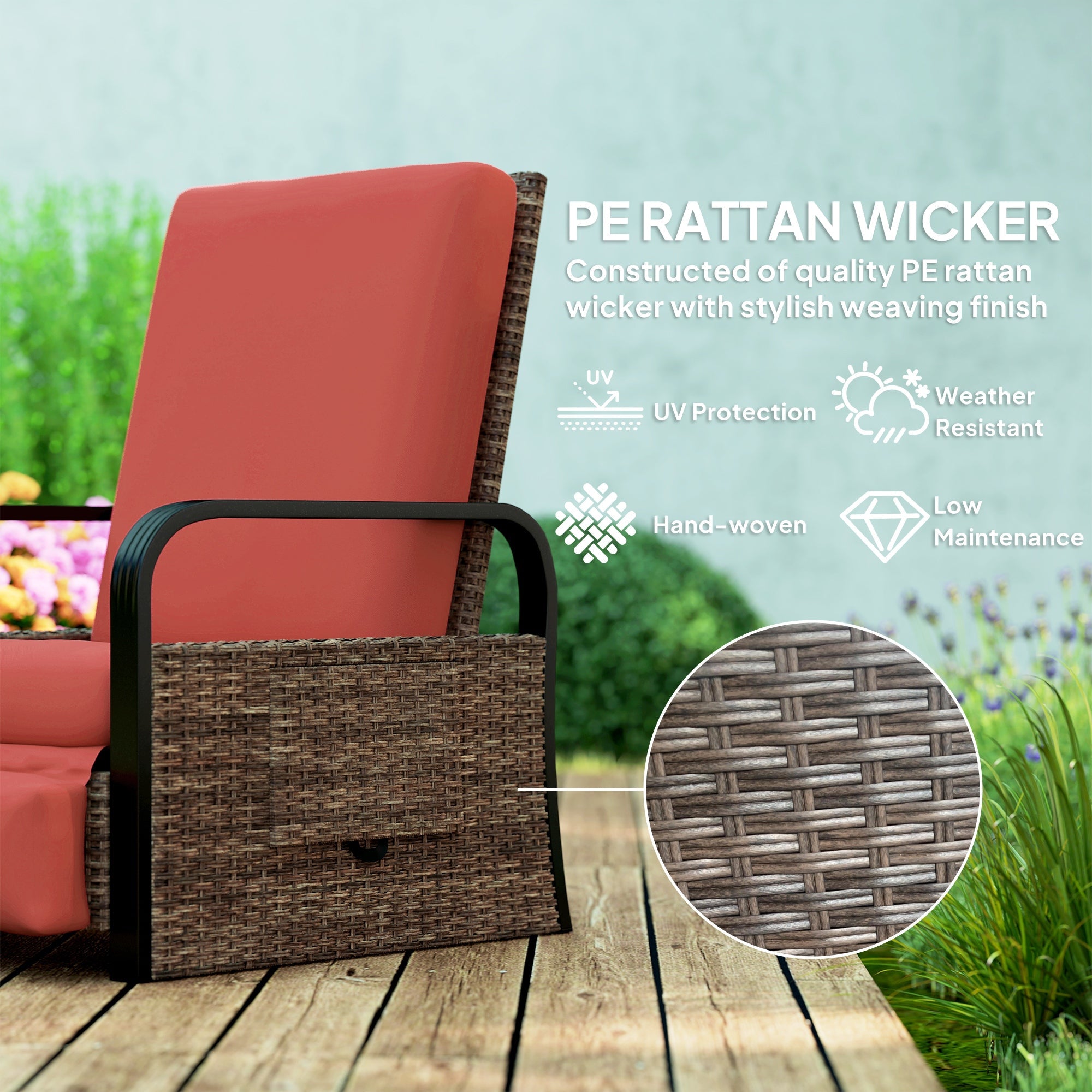 Outsunny Wicker Outdoor Recliner Chair, Reclining Lounge Chair with Adjustable Backrest, Footrest and Side Tray, Red 