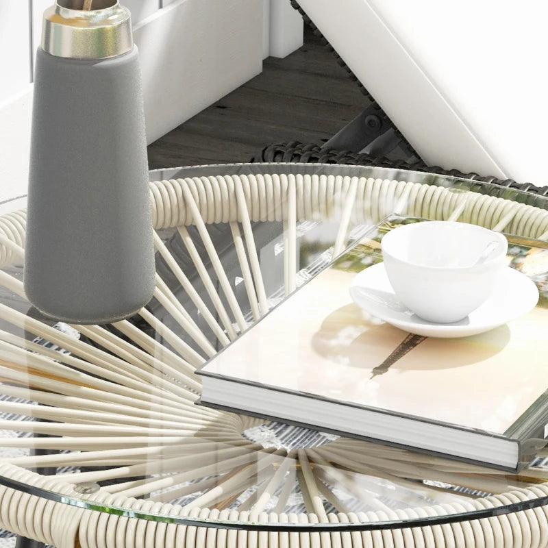 Rattan Side Table, Round Outdoor Table, with Round PE Rattan and Tempered Glass Table Top for Patio, Garden, Cream White