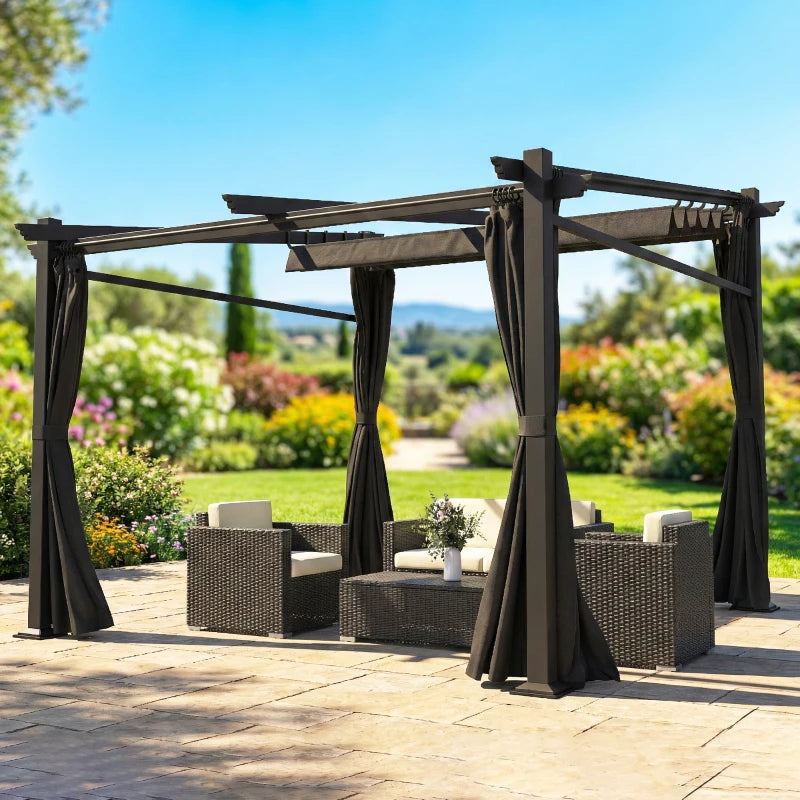 Metal Pergola with Sliding Roof Canopy, Retractable Pergola Canopy, 10' x 10', Black