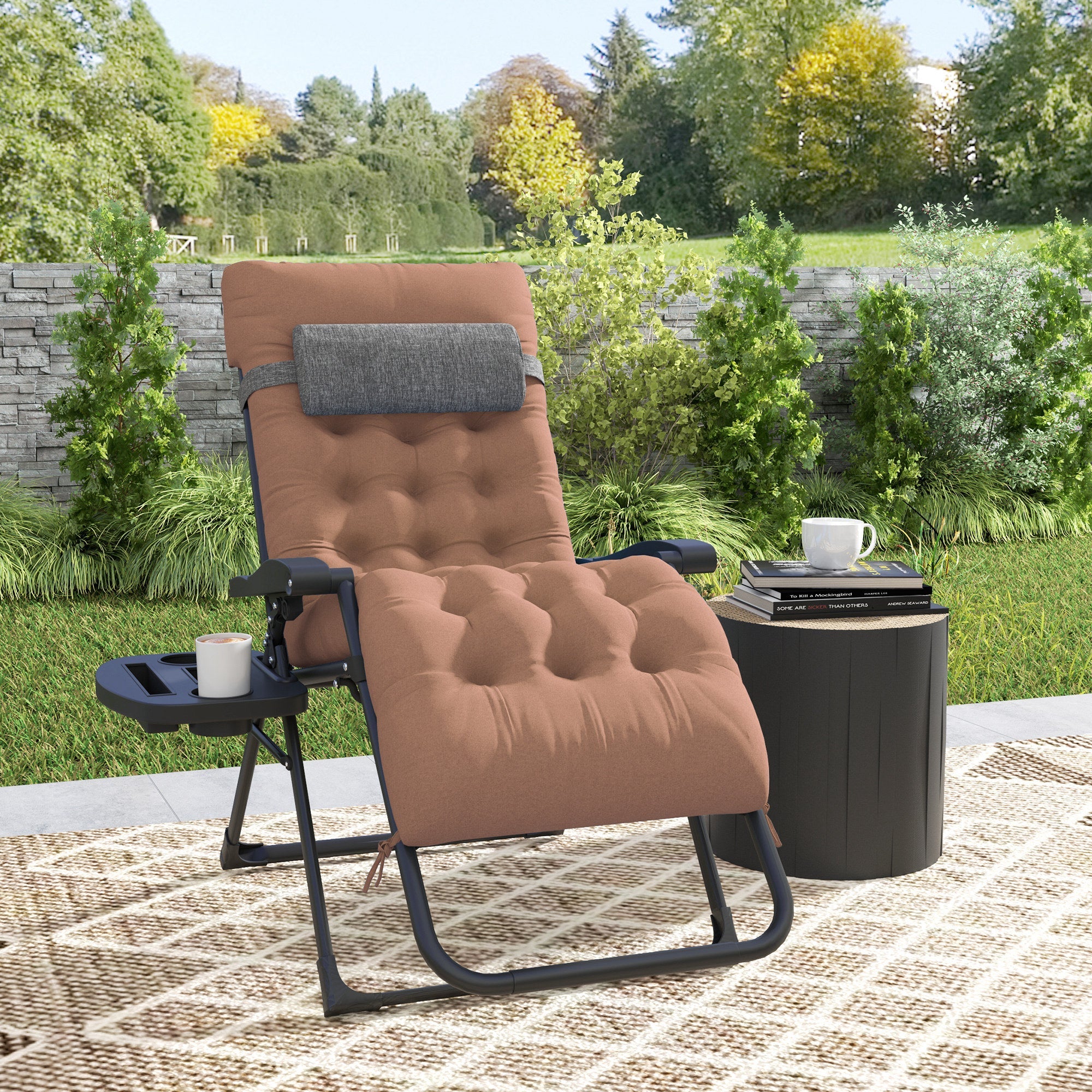 Outsunny Padded Folding Recliner Chair, Patio Lounger with Cupholder, Adjustable Backrest, Removable Cushion, Khaki 