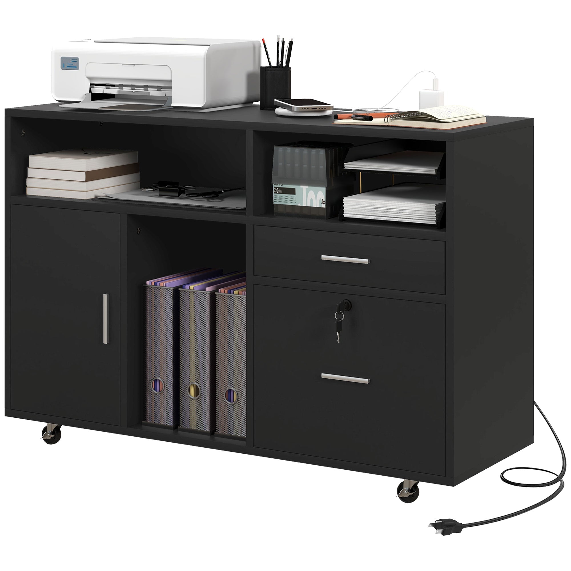 HOMCOM Mobile Printer Stand Charging Station USB Ports Locking Filing Cabinet for A4 Letter Black 