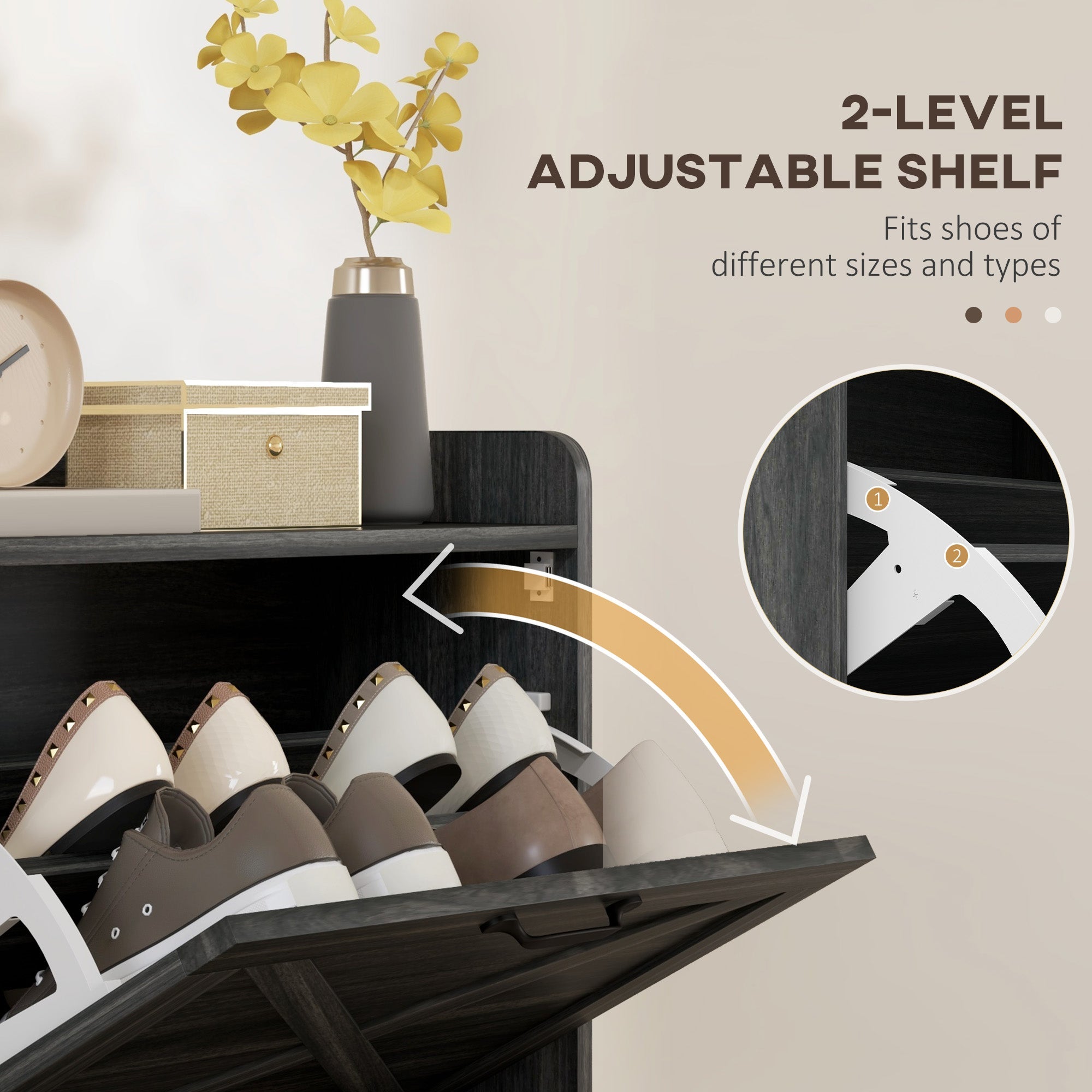 HOMCOM Slim Shoe Storage Cabinet, Farmhouse Shoe Cabinet with 2 Flip Drawers, Adjustable Shelves for 8 Pairs, Distressed Grey 