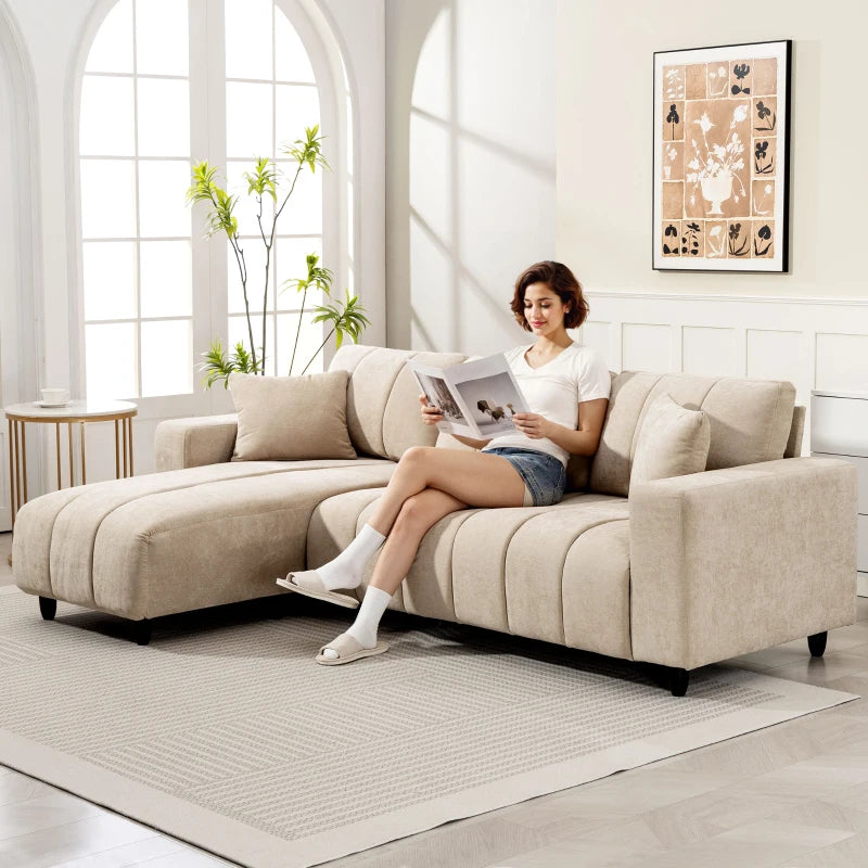 Sectional Couch with Integrated Seat, 3 Seater L-Shaped Sofa with Changeable Chaise, Spring Cushion, 2 Pillows, Beige