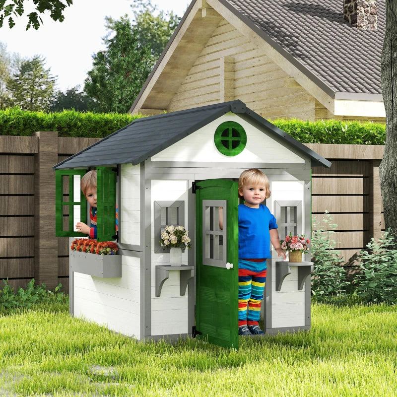 Wooden Playhouse for Kids Outdoor with Door, Windows, Planter Pots and Boxes for Toddlers 3-8 Years, White