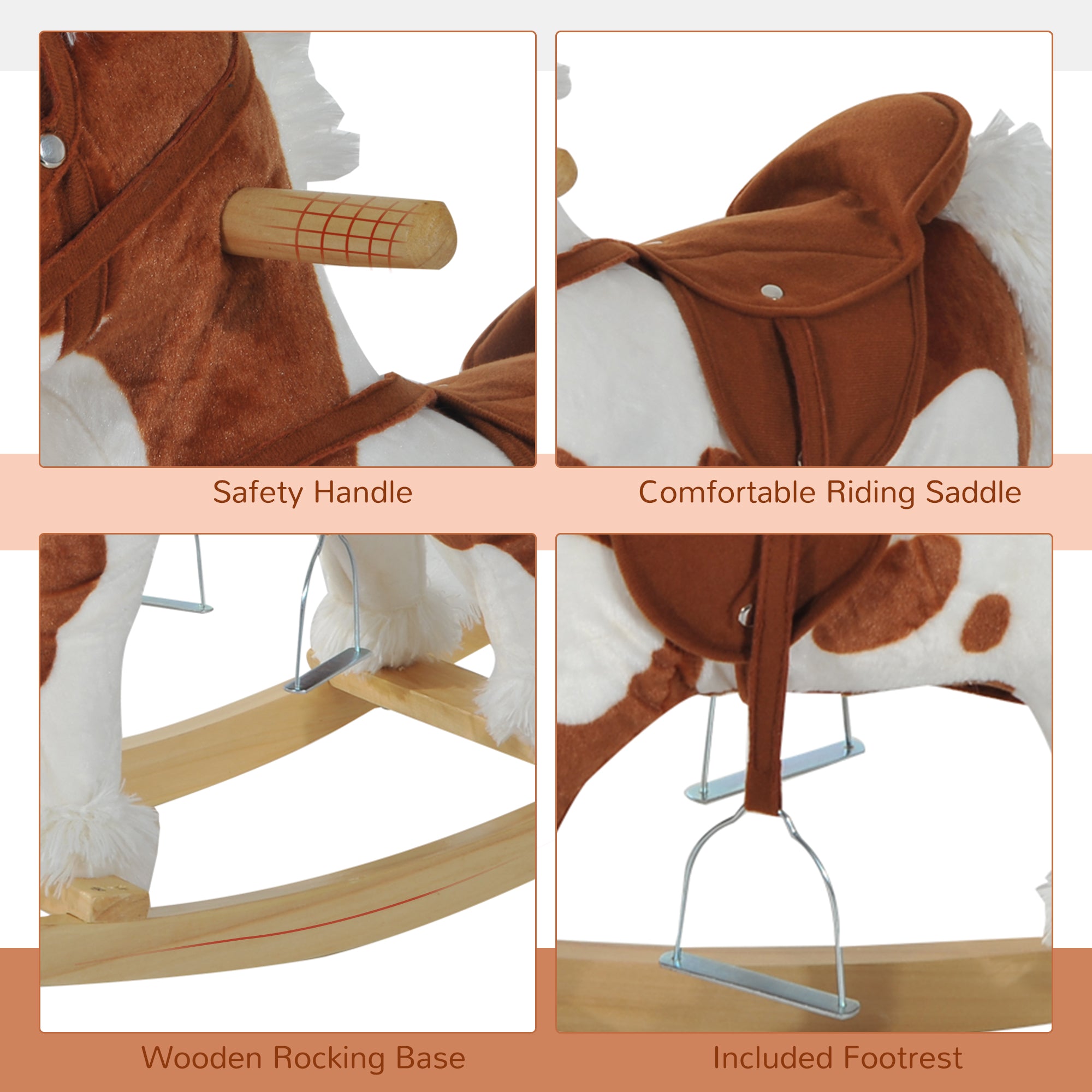Qaba Kids Metal Plush Ride-On Rocking Horse Chair Toy w/ Nursery Rhyme Music - Light Brown / White 