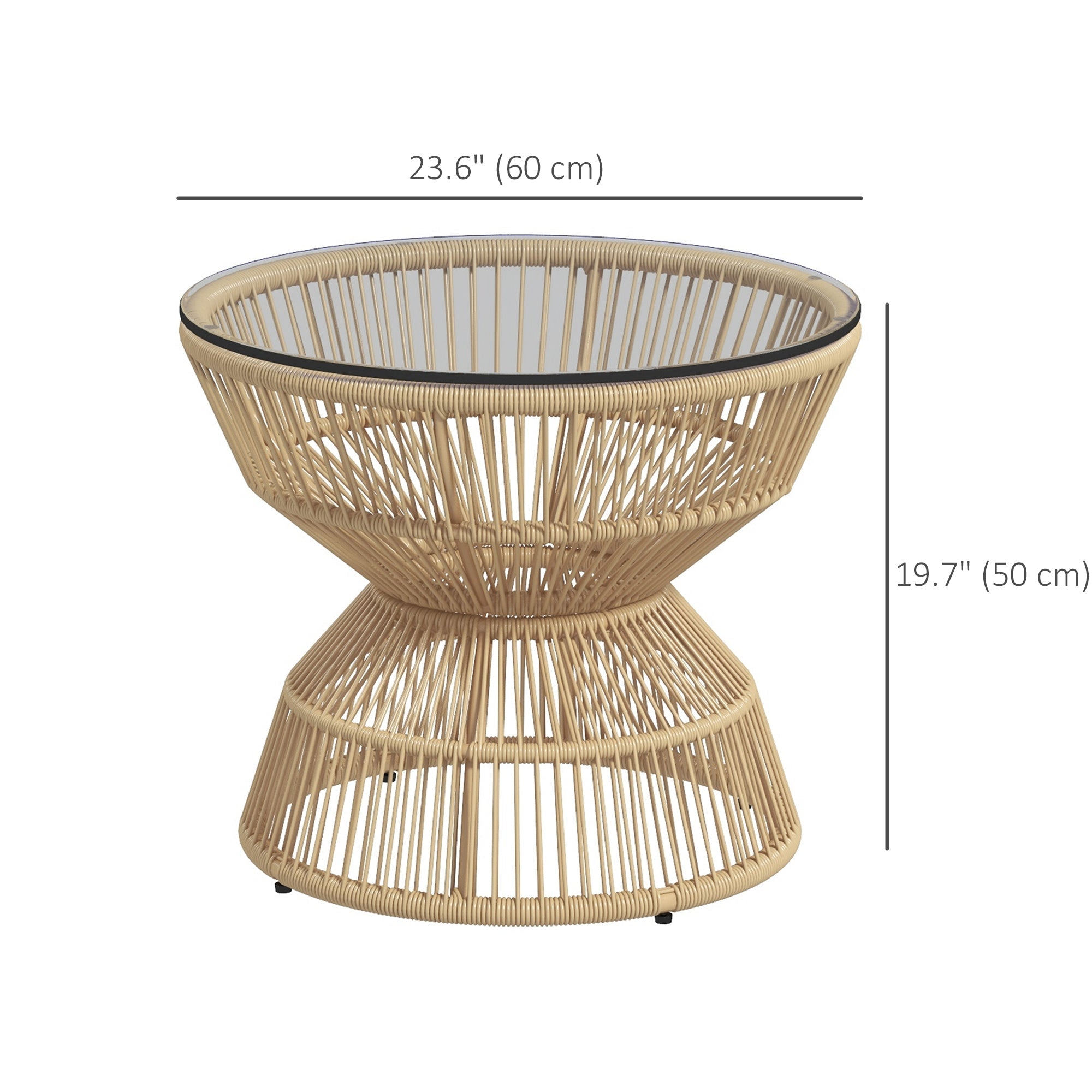 Outsunny Rattan Outdoor Coffee Table, Patio End Table with Tempered Glass Tabletop & Steel Frame, Wicker Furniture, Nature Wood 