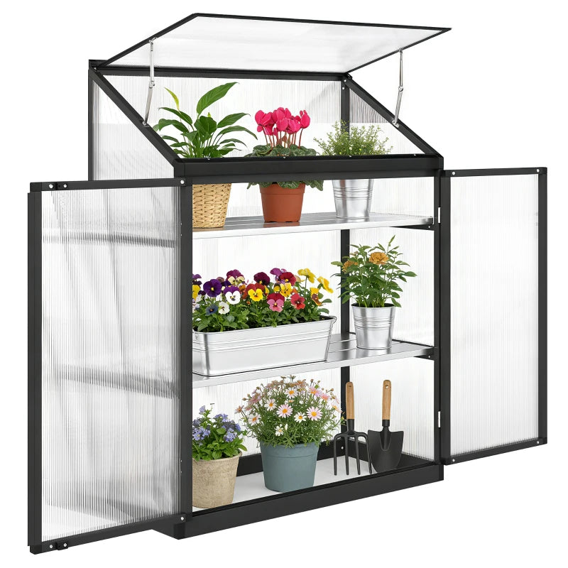 Polycarbonate Greenhouse with 2-Tier Shelves Gardening Green House for Patio Garden, Black