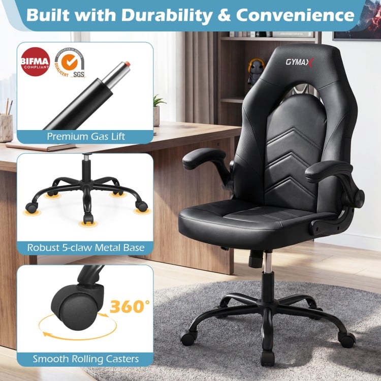 Leather Office Chair Ergonomic Computer Desk Chair with Flip-up Armrests-Black