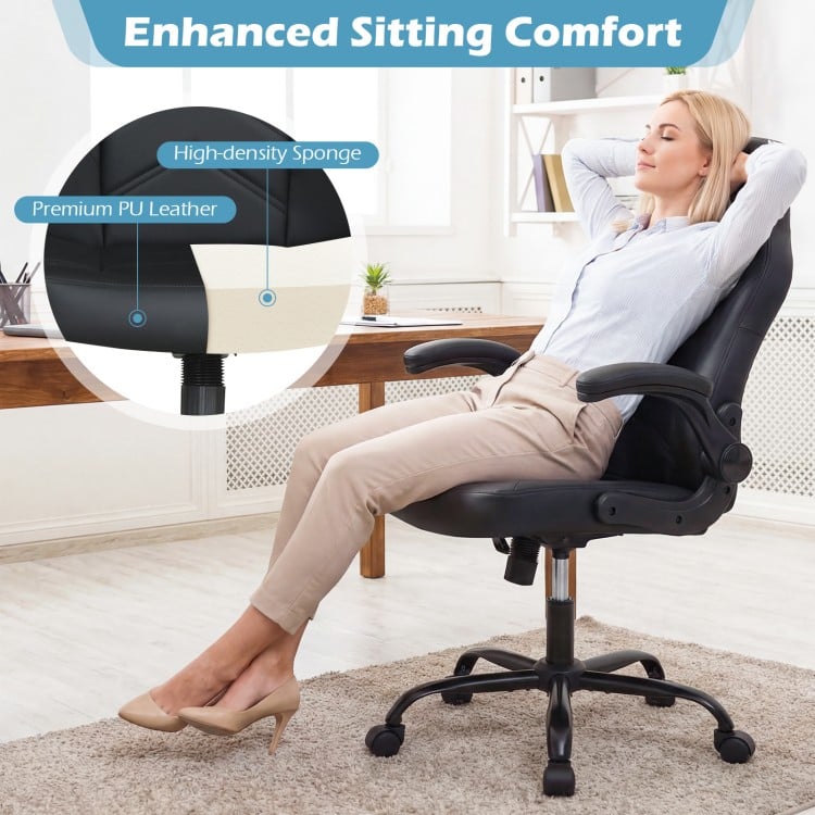 Leather Office Chair Ergonomic Computer Desk Chair with Flip-up Armrests-Black