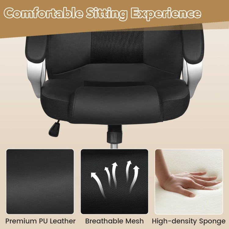Leather Office Chair Ergonomic Mesh Executive Chair with Padded Armrests and Rocking Backrest-Black