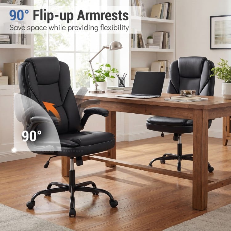 Leather Office Chair Ergonomic Computer Desk Chair with Flip-up Armrests Rocking Function-Black