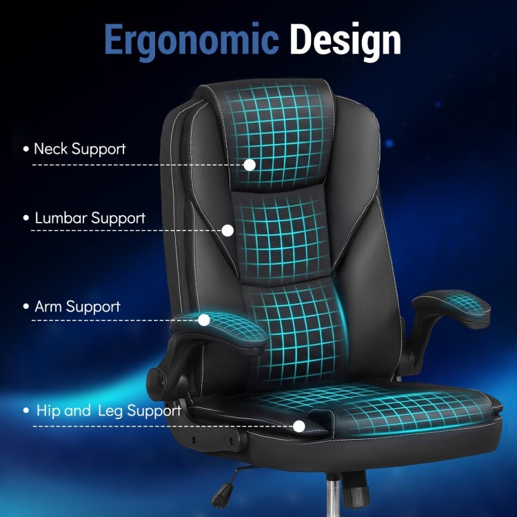 Leather Office Chair Ergonomic Computer Desk Chair with Flip-up Armrests Rocking Function-Black