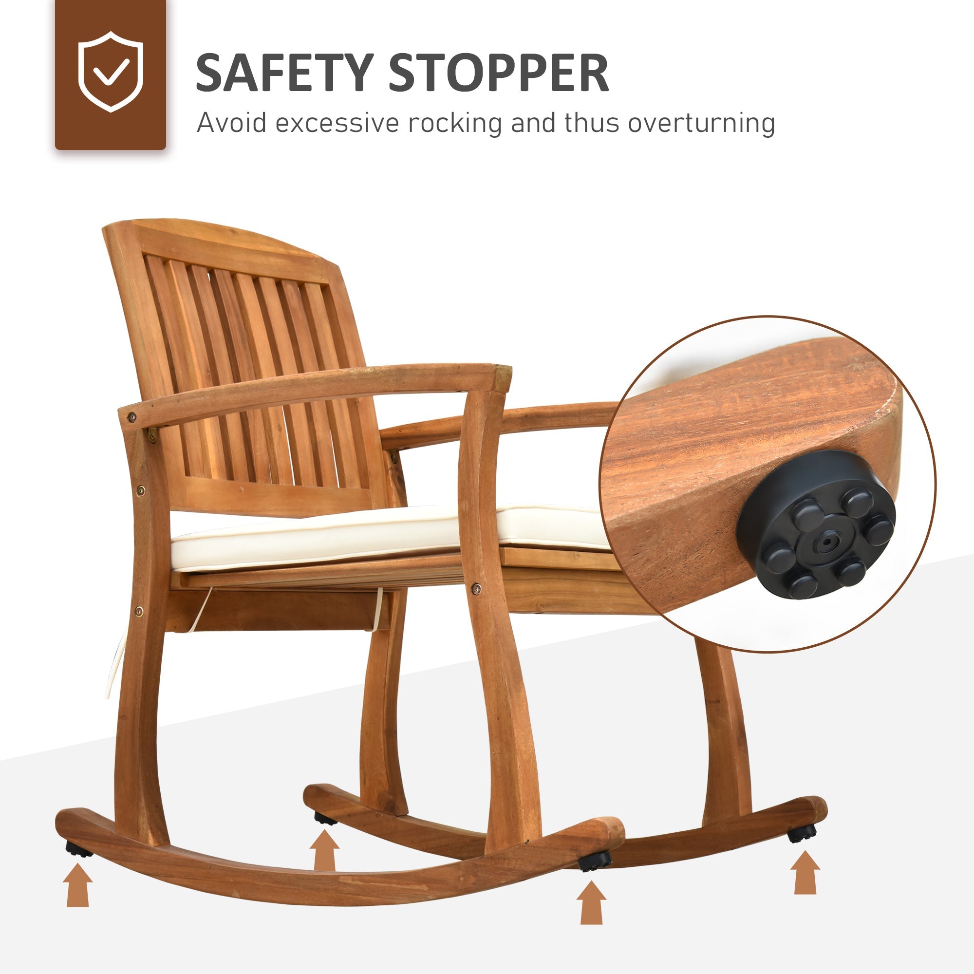Outsunny Patio Rocking Chair, Indoor Outdoor Wooden Porch Rocker with Cushion for Deck, Balcony, Garden, Patio, Teak 