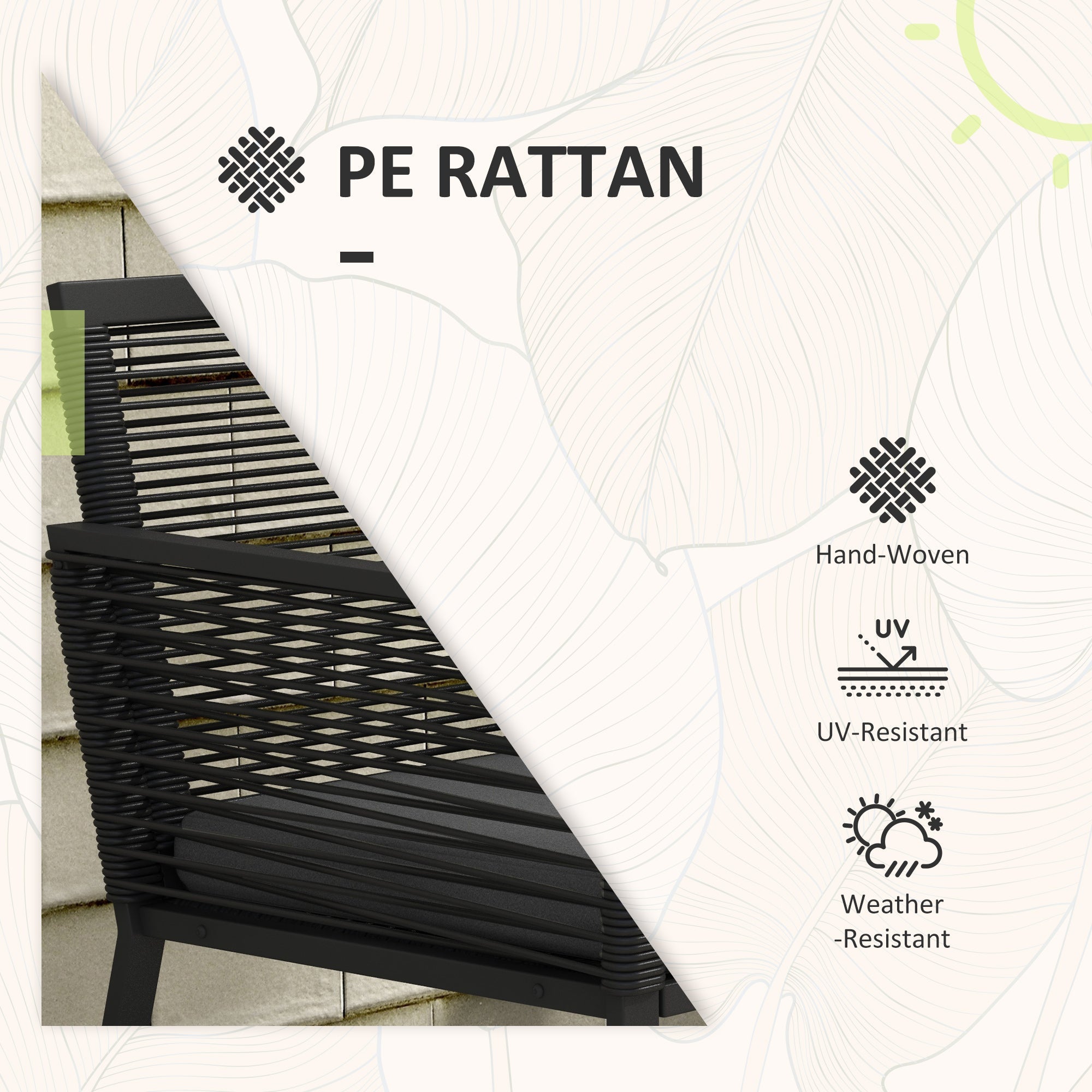 Outsunny 3-Piece PE Rattan Patio Bistro Set with Cushions & Tempered Glass Table, Outdoor Furniture for Garden, Black 