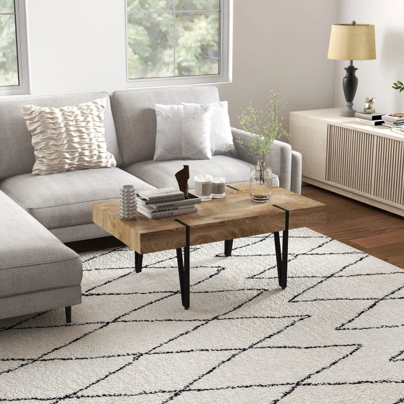 Rustic Coffee Table, Rectangle Nature Central Table with Steel Hairpin Legs for Living Room