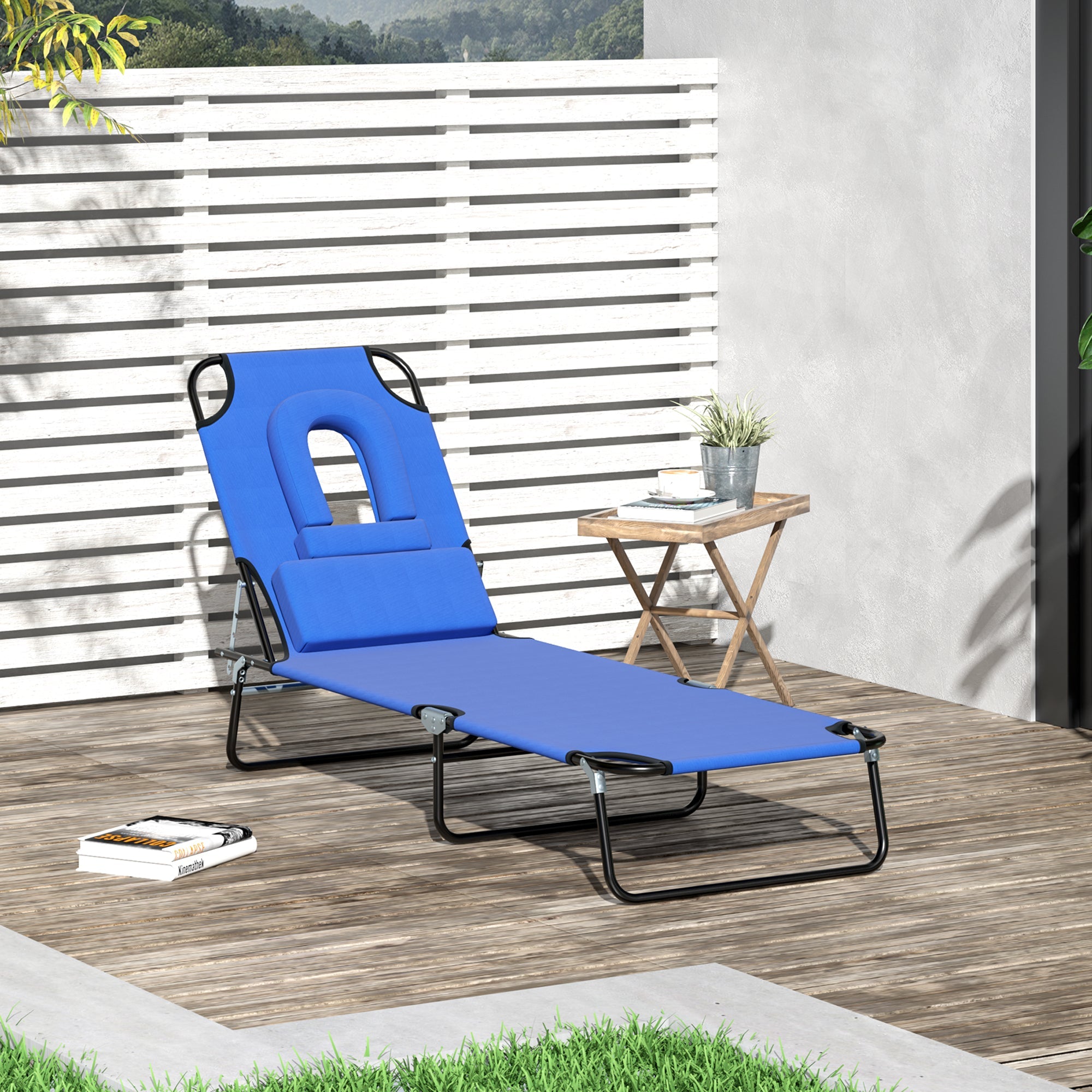 Outsunny Adjustable Garden Sun Lounger w/ Reading Hole Outdoor Reclining Seat Folding Camping Beach Lounging Bed Blue 