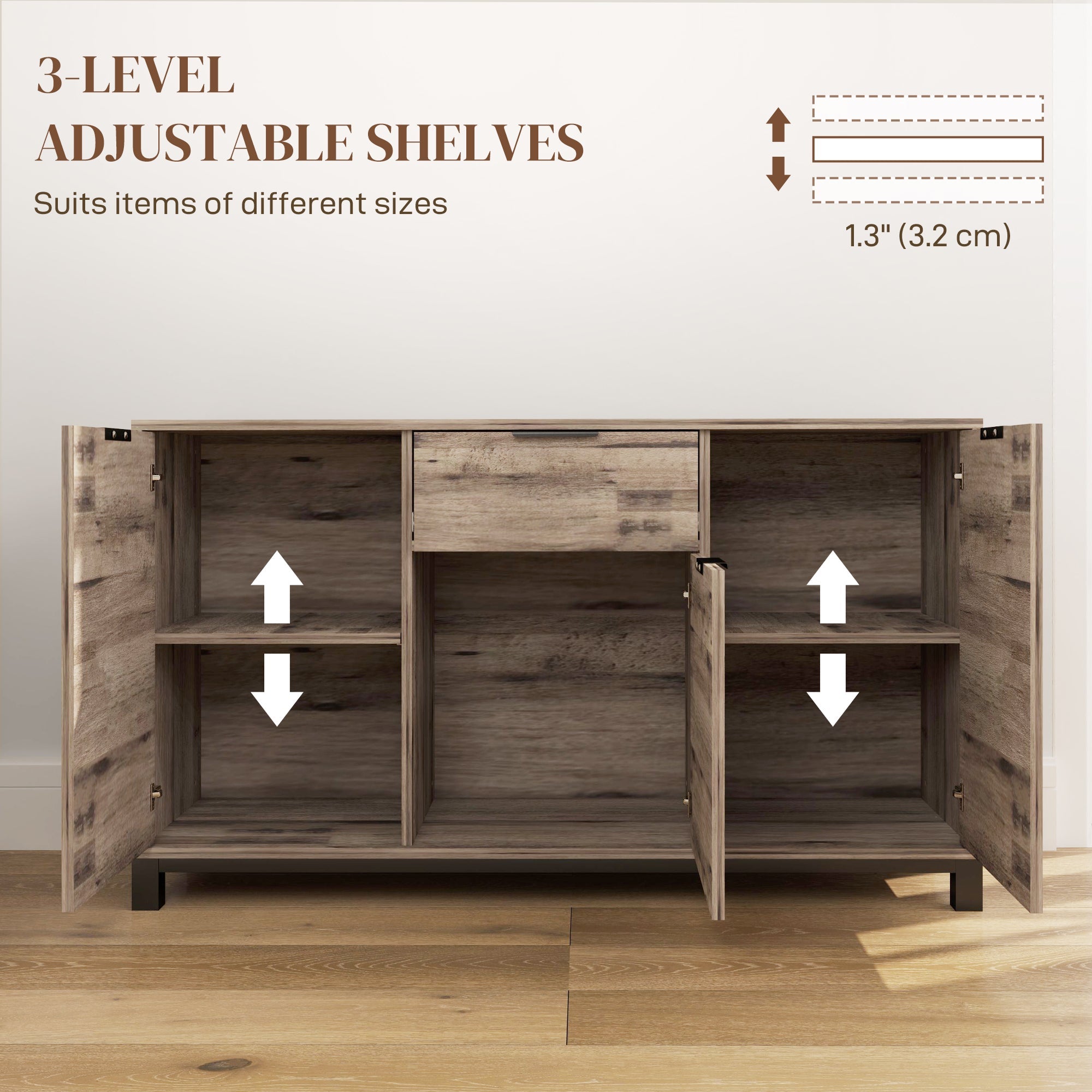 HOMCOM 47" Buffet Cabinet, Industrial Sideboard with 3 Doors, Drawer, 2 Adjustable Shelves for Living Room, Brown Wood Grain 