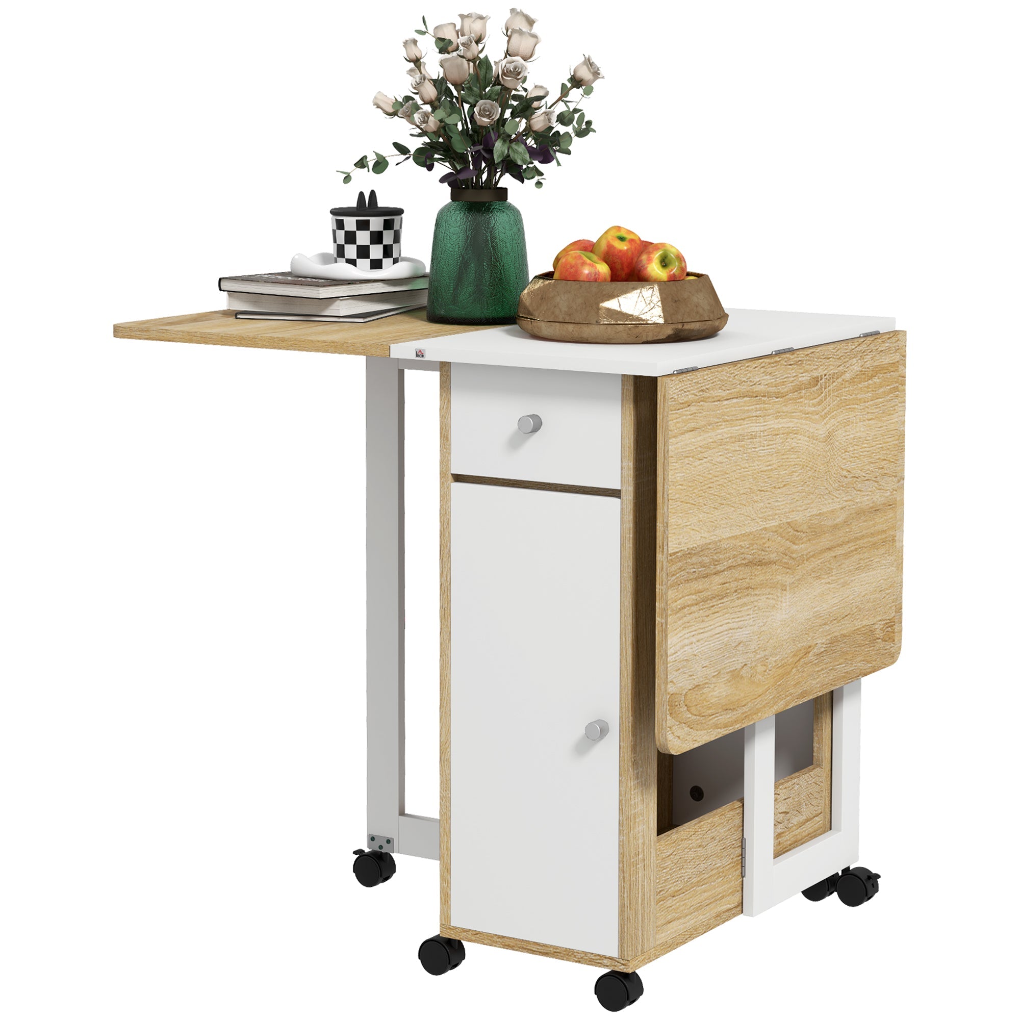 HOMCOM Foldable Dining Table for Small Spaces with Drawers Cabinet Caster Wheels Oak Movable Drop Leaf 
