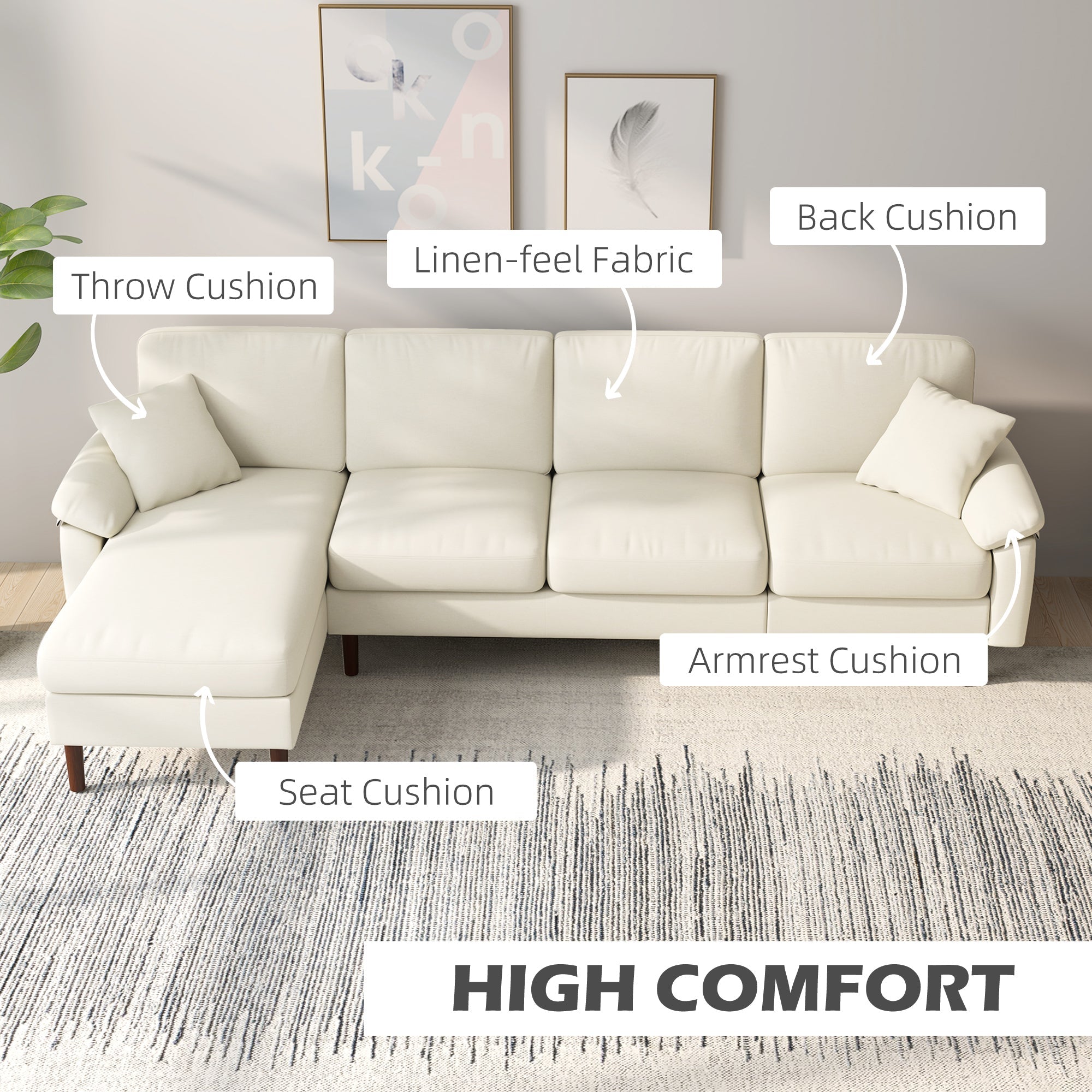 HOMCOM L-Shape Sofa, Modern Sectional Couch with Changeable Chaise Lounge, Pillows and Wooden Legs for Living Room, Cream White 