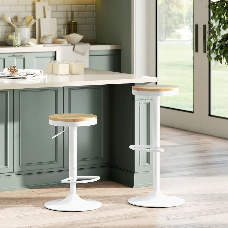 Wood Barstools Set of 2, Swivel Bar Stools with Adjustable Height for Kitchen Counter, Natural Wood and White