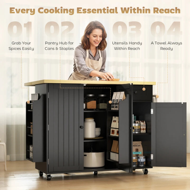 Kitchen Island Cart, Rolling Kitchen Island Table with Drop Leaf, Drawer, Spice and Towel Rack, Black
