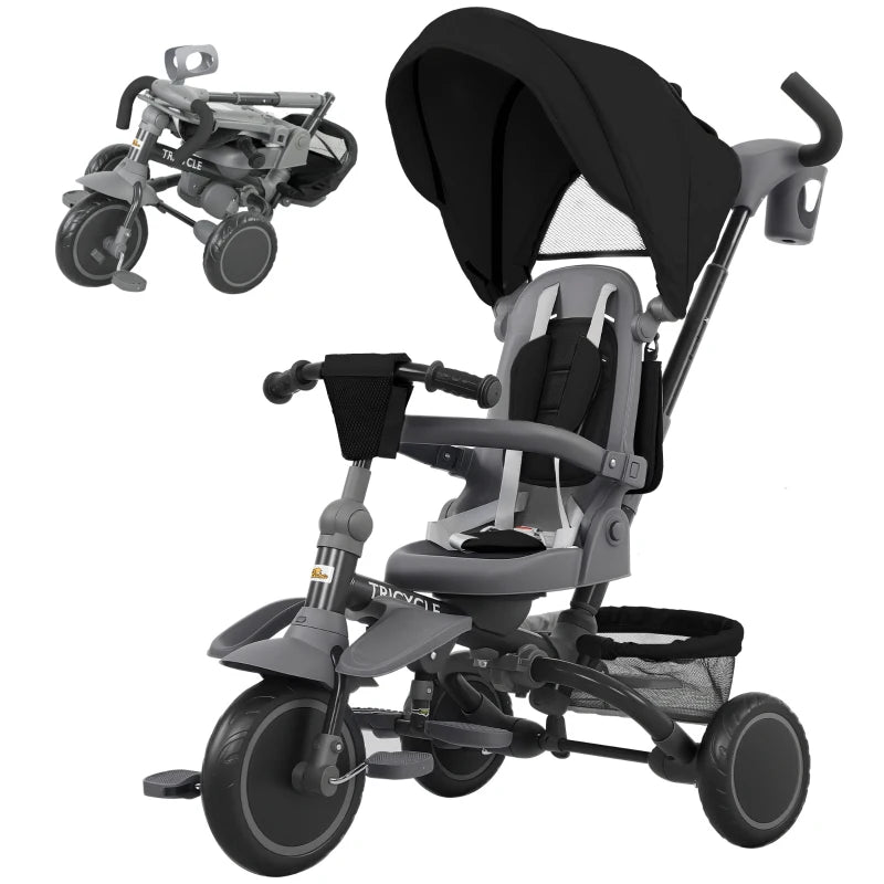 Qaba 6 in 1 Toddler Tricycle for 1-5 Years Old with Push Handle, Removable Canopy, Rotatable Seat, Black