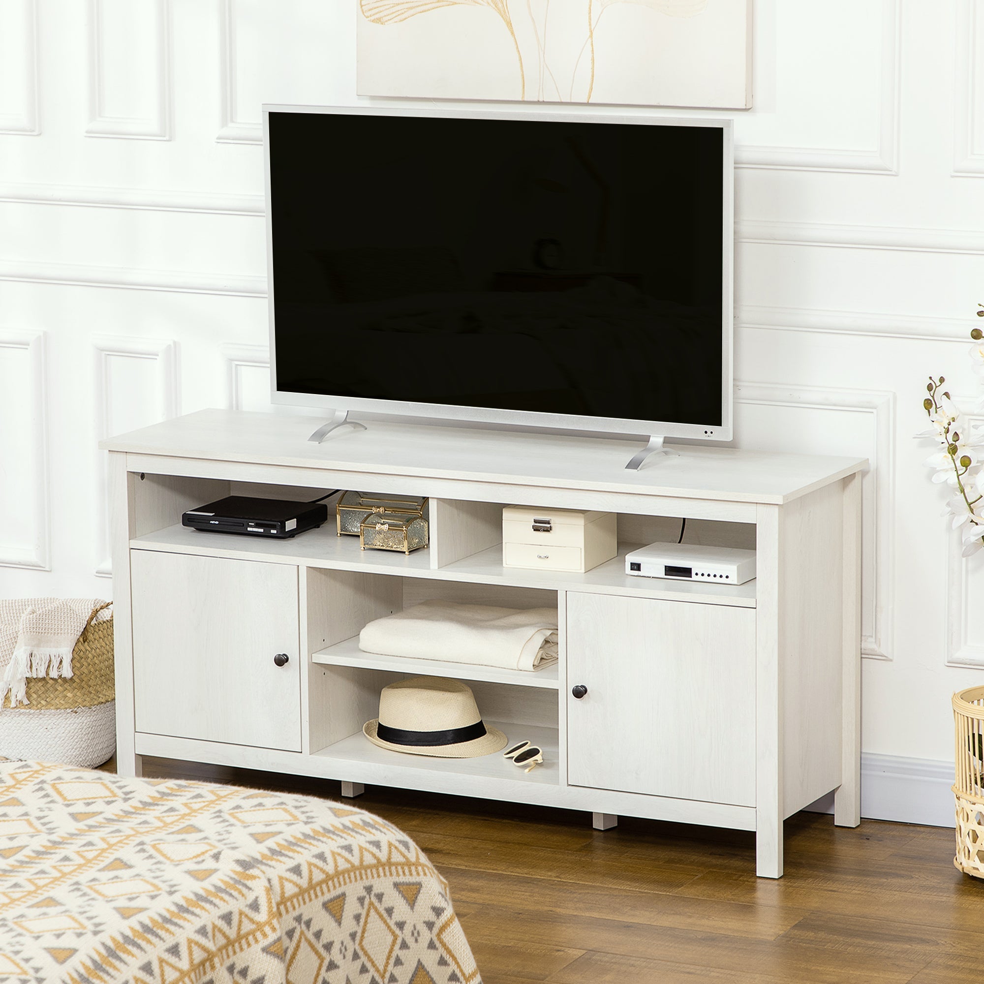 HOMCOM TV Stand: For 55" TVs, White, Cupboard, Shelves, Storage Space, 55.1"x15.7"x27", Wood Media Console 