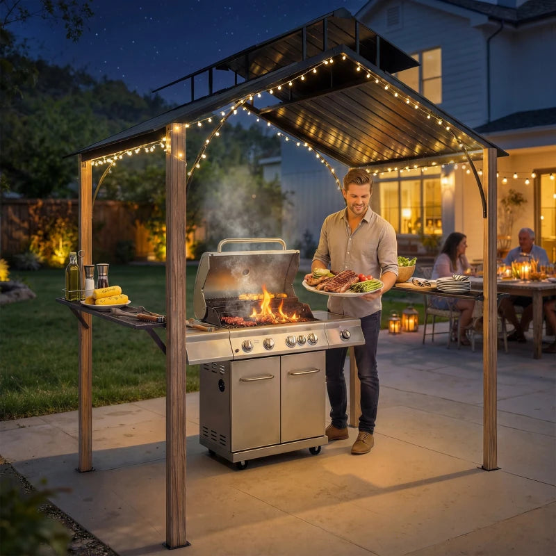 8 x 6ft Hardtop Grill Gazebo, BBQ Gazebo with Metal Double Roof, Outdoor Grill Canopy with Wood-Grain Aluminum Frame