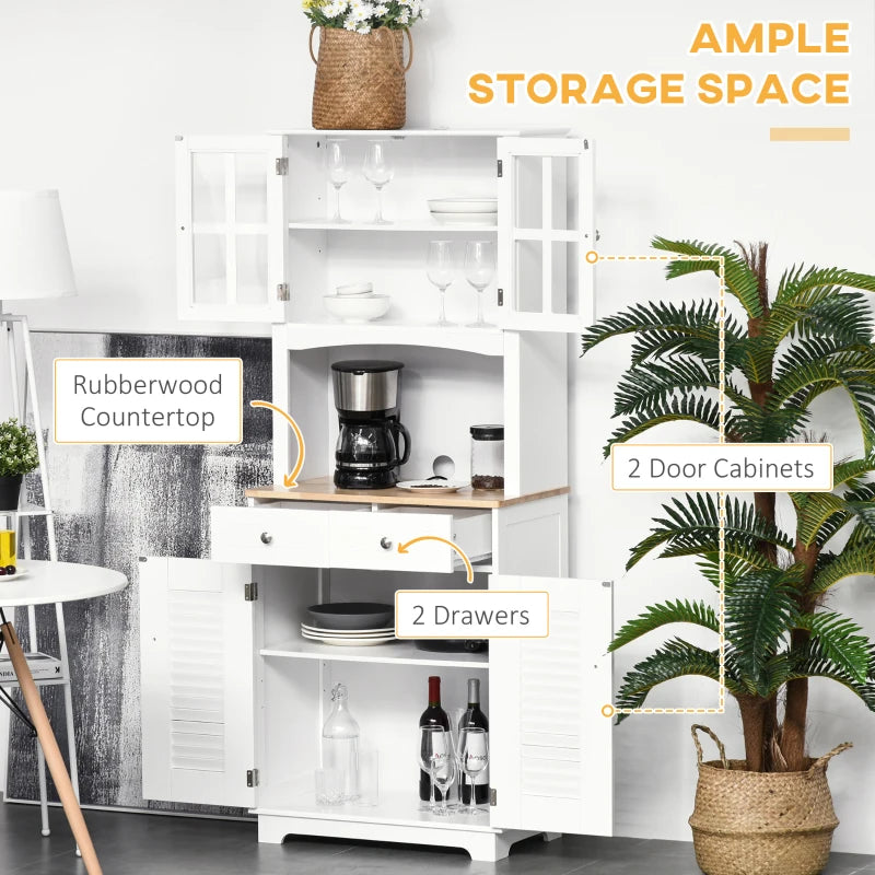 Coastal Style Kitchen Buffet and Hutch Wooden Storage Cupboard with Framed Glass Door LouveredCabinet  Drawers Microwave Space for Dining Room  Living Room  White