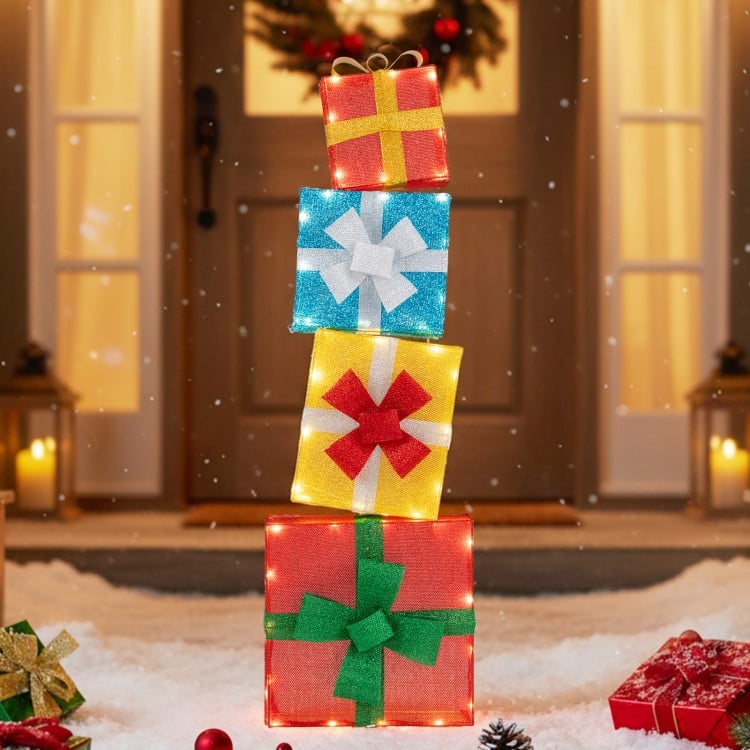 Lighted Gift Boxes Christmas Decoration 2D Set of 4 Pre-Lit Stacked Xmas Gift Boxes