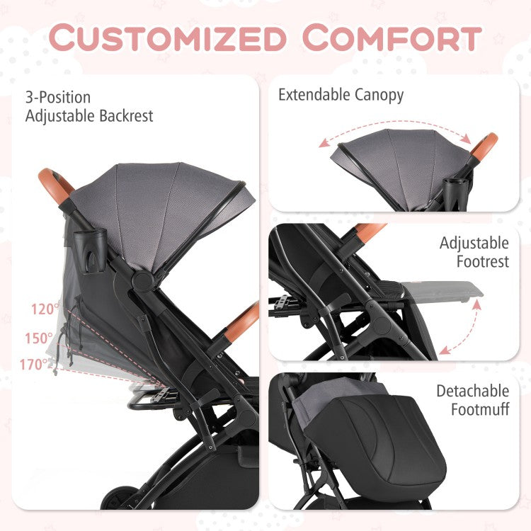 Lightweight Baby Travel Stroller with One-Hand Folding, Adjustable Recline, Footmuff, Storage Basket & 5-Point Safety Harness