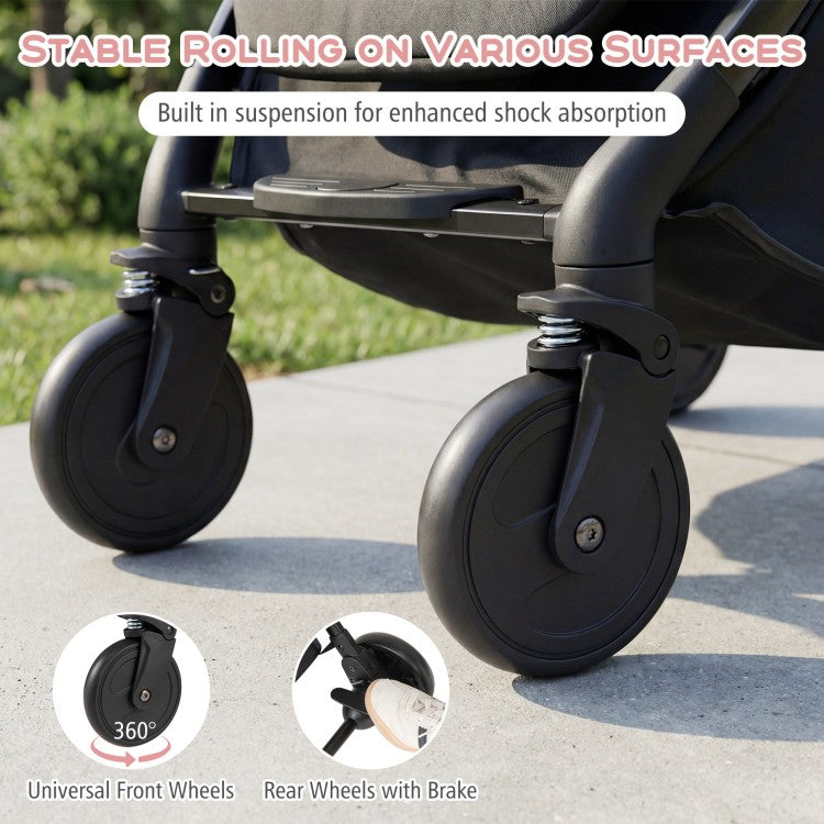 Lightweight Baby Travel Stroller with One-Hand Folding, Adjustable Recline, Footmuff, Storage Basket & 5-Point Safety Harness