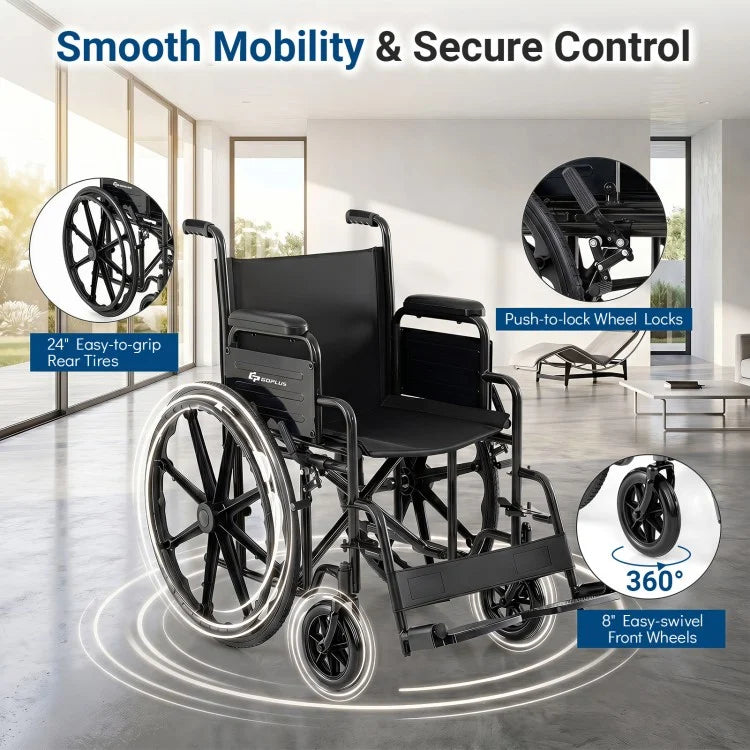 Lightweight Folding Wheelchair for Adults with Swing-Away Footrests, Desk-Length Arms & 330 lb Capacity