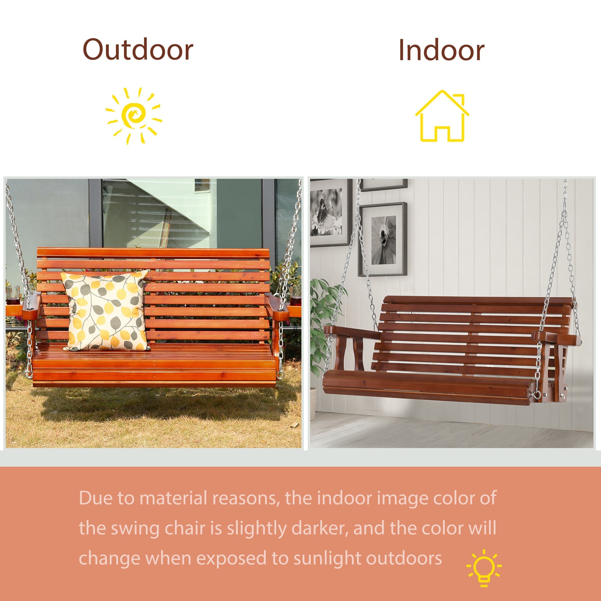 Outsunny Wooden Patio Swing Chair 2 Seater Porch Swing with Cup Holder Chains Outdoor Bench for Garden Yard Brown 