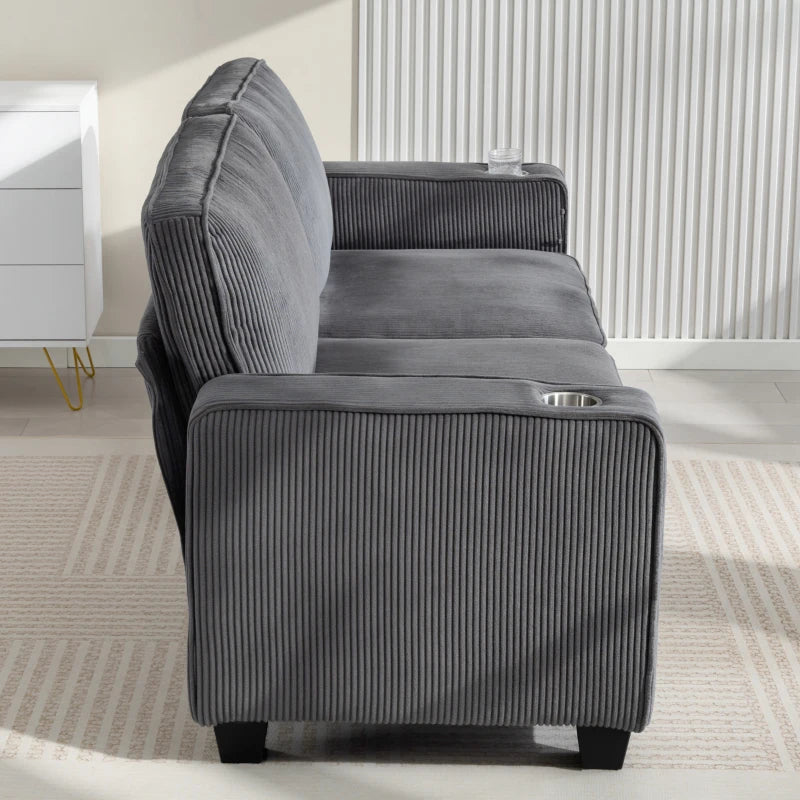 Three Seater Sofa, Fabric 3 Seater Couch with Spring Cushion and Cup Holders for Living Room, Bedroom, Dark Grey
