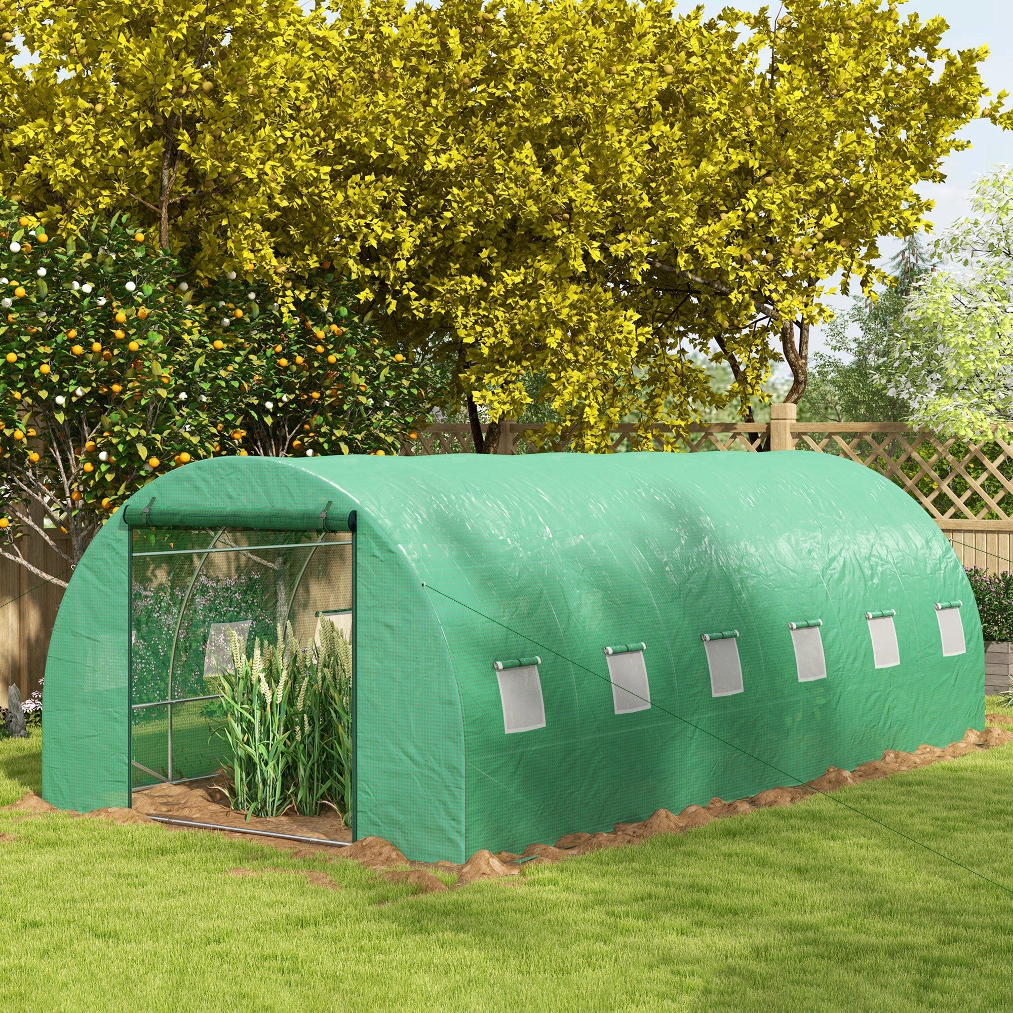 Outsunny 20'x10' Walk-In Greenhouse Sprinkler System Tunnel Wide Roll-Up Door 12 Mesh Windows Green 