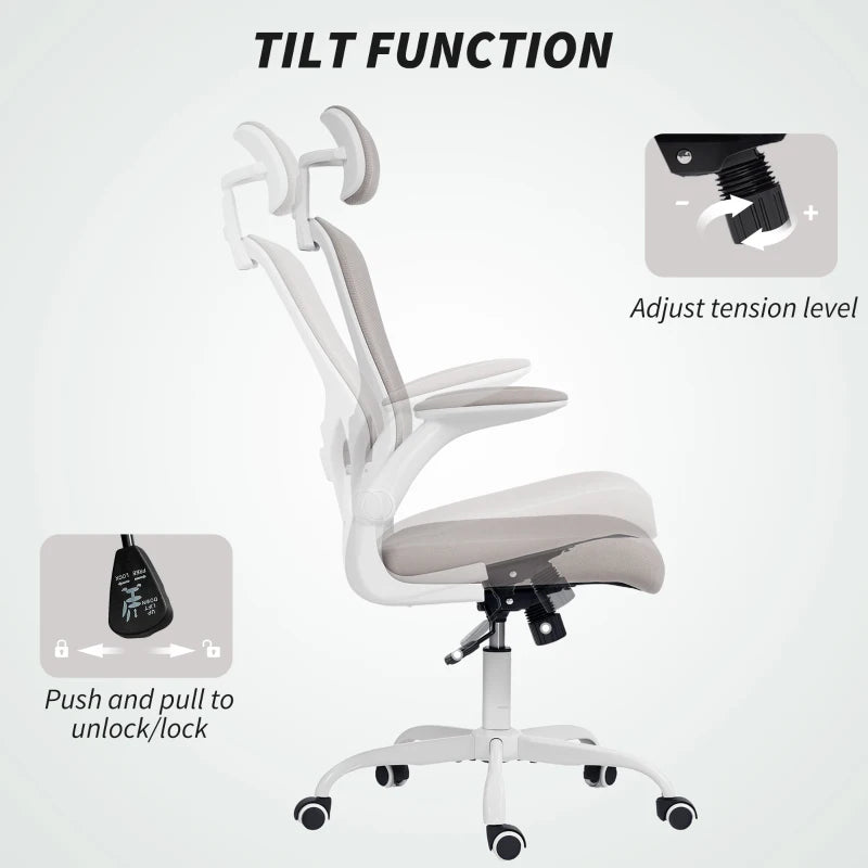 Ergonomic Office Chair, Mesh Desk Chair with Adjustable Headrest, Lumbar Support and Height, Flip-Up Armrests, Grey