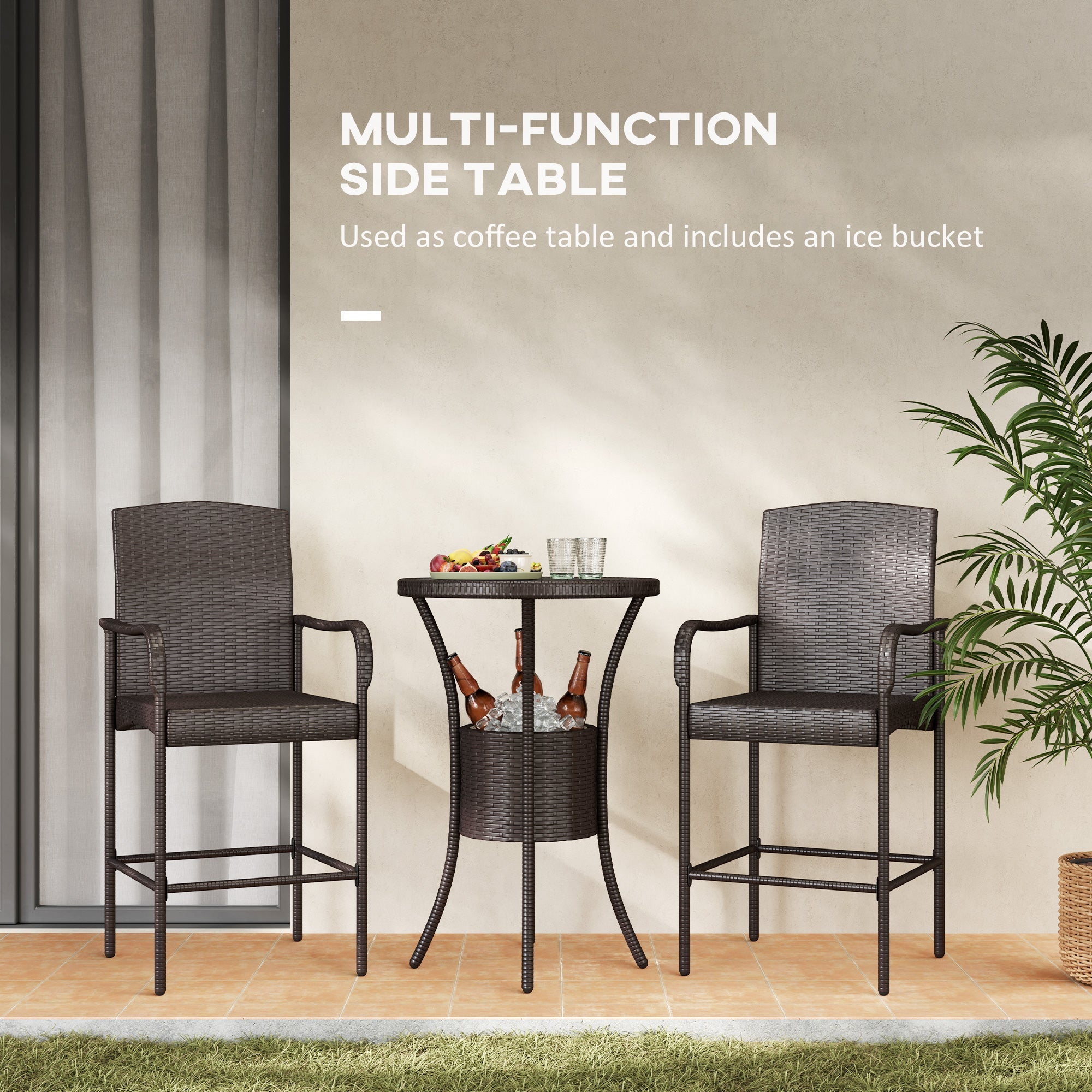 Outsunny 3 Pieces Patio Bar Set Rattan Bistro Table and High Chairs Garden Wicker Outdoor Conversation Furniture, Brown 