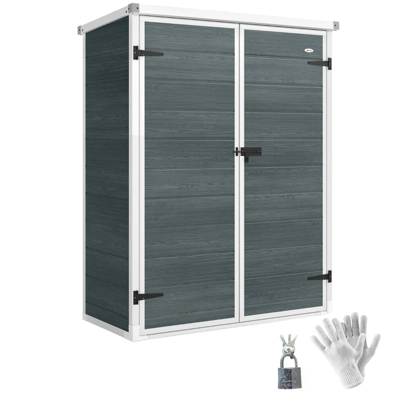 Outdoor 4.4' x 2.3' Plastic Storage Shed with Lockable Doors and Foldable Shelves, Wood-Effect Garden Shed, Grey