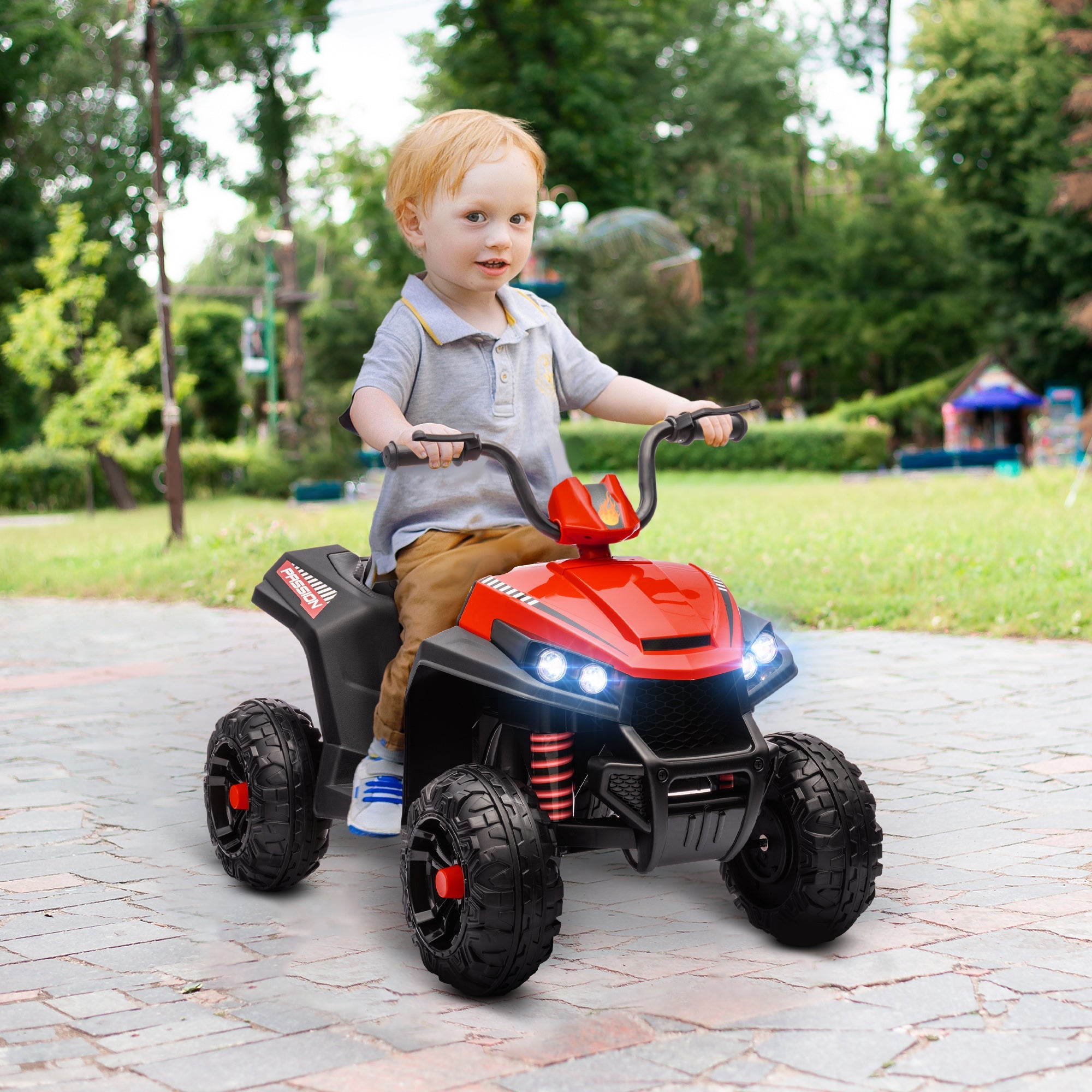 Qaba 12V Kids ATV with Four Wheels Spring Suspension, Forward & Backward, LED Light, MP3, Music, Red 