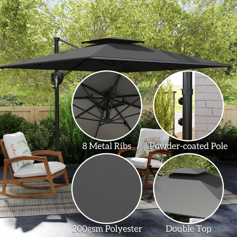 Square Cantilever Patio Umbrella, Double Top Patio Hanging Offset Umbrella with Crank & Tilt, 8' x 9', Dark Grey