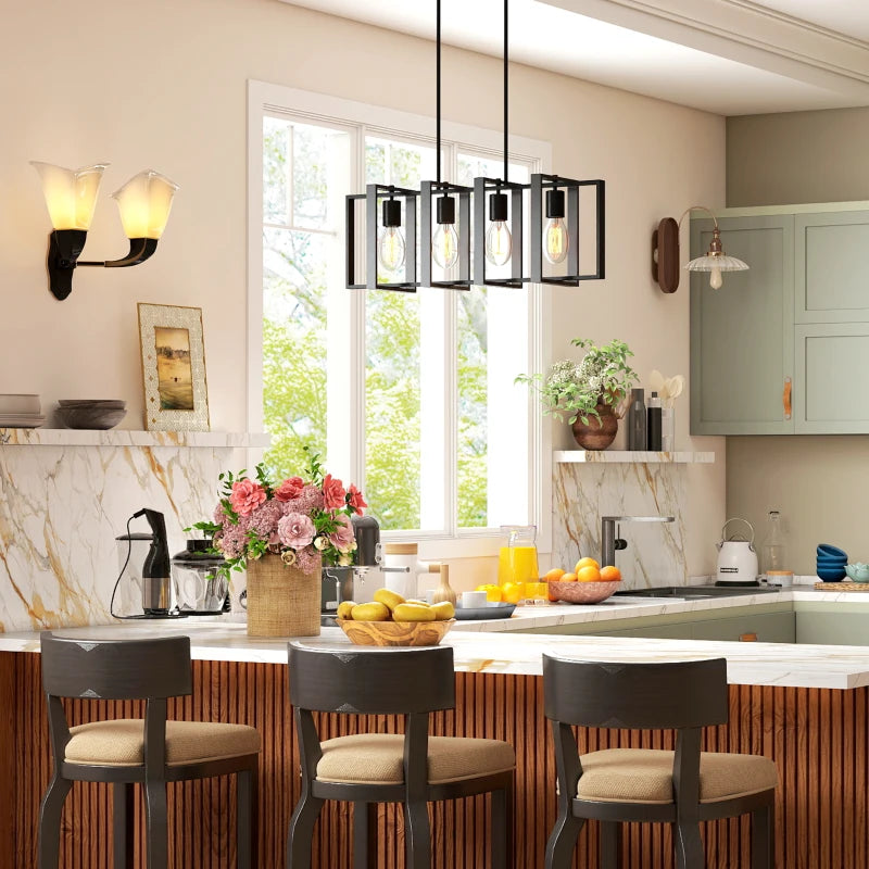 Farmhouse Kitchen Island Lighting, Linear Pendant Light with 4 Rotatable Frames and Adjustable Height, Black