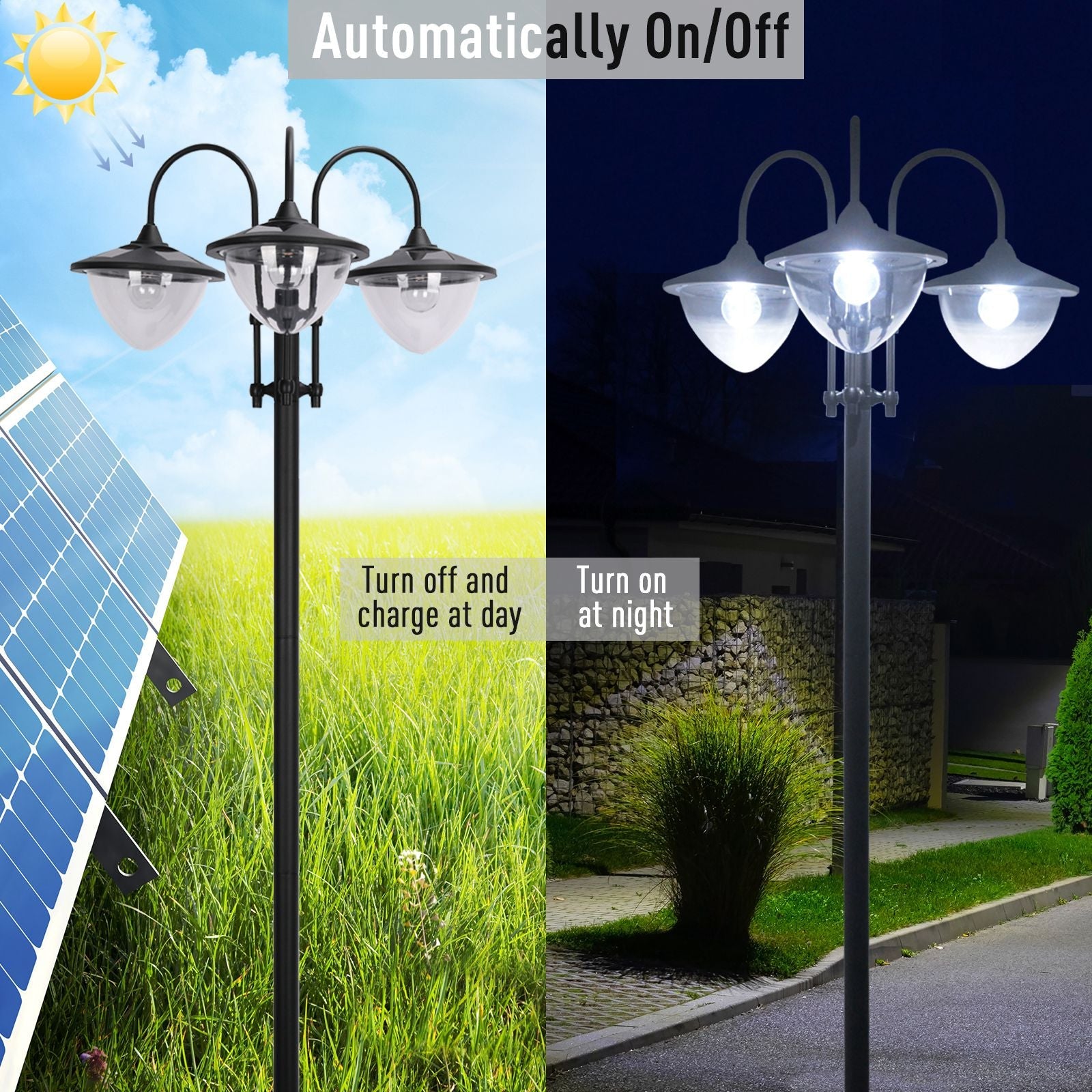 Outsunny Solar Lamp Post, 3-Head LED Garden Light with Built-In Planter & Battery for Garden Decoration, Black 