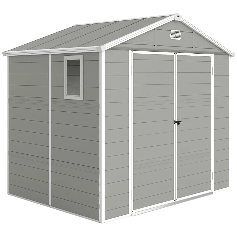 8' x 6' Plastic Garden Storage Shed with Latch Door, Vents, Sloped Roof, Light Grey