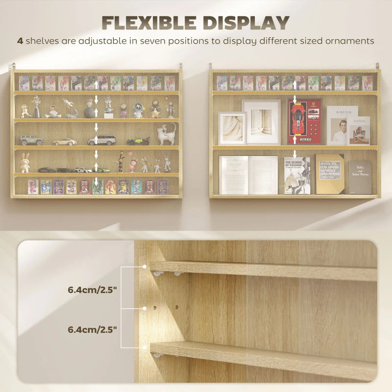 5-storey Display Cabinet, Shot Glass Display Case, Glass Curio Cabinet with 2 Glass Doors and 4 Adjustable Shelves, Oak