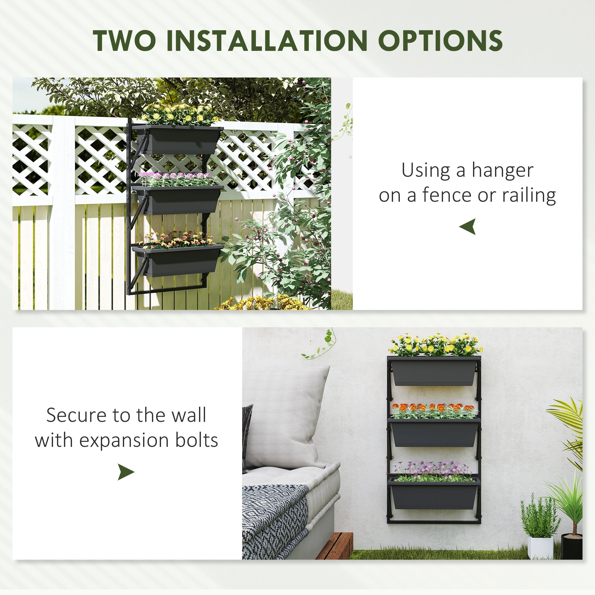 Outsunny 3-Tier Wall-Mounted Planter Box with 3 Pots, Vertical Planters for Outdoor Plants, Dark Grey 